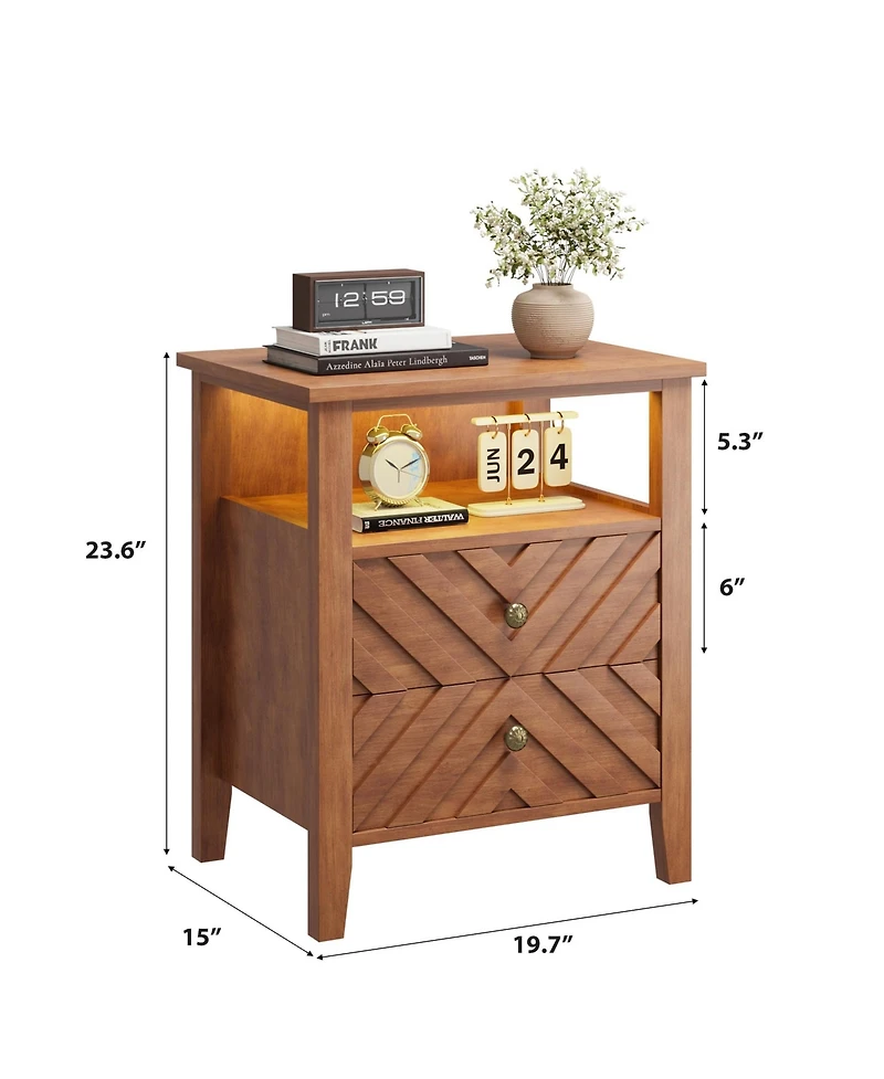 homfan Farmhouse Led Nightstand Set with 2 Drawers and Open Shelf, V-Accent Bedside Table with Wood Legs and Rgb Backlight