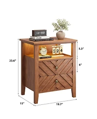 homfan Farmhouse Led Nightstand Set with 2 Drawers and Open Shelf, V-Accent Bedside Table with Wood Legs and Rgb Backlight