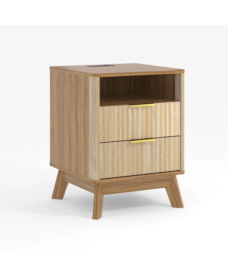 homfan Fluted Nightstand with Charging Station, Curved Side Table 2 Drawers and Open Cubby, Bedroom or Living Room End Table, Single Set of