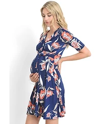 Hello Miz Women's Maternity V-Neck Floral Wrap Nursing Dress with Tie Waist