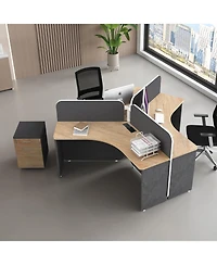 Logicfox 3 Person Office Cubicle Desk Workstation with Drawers and Built-in Power Outlets, Adjustable Wall Partitions
