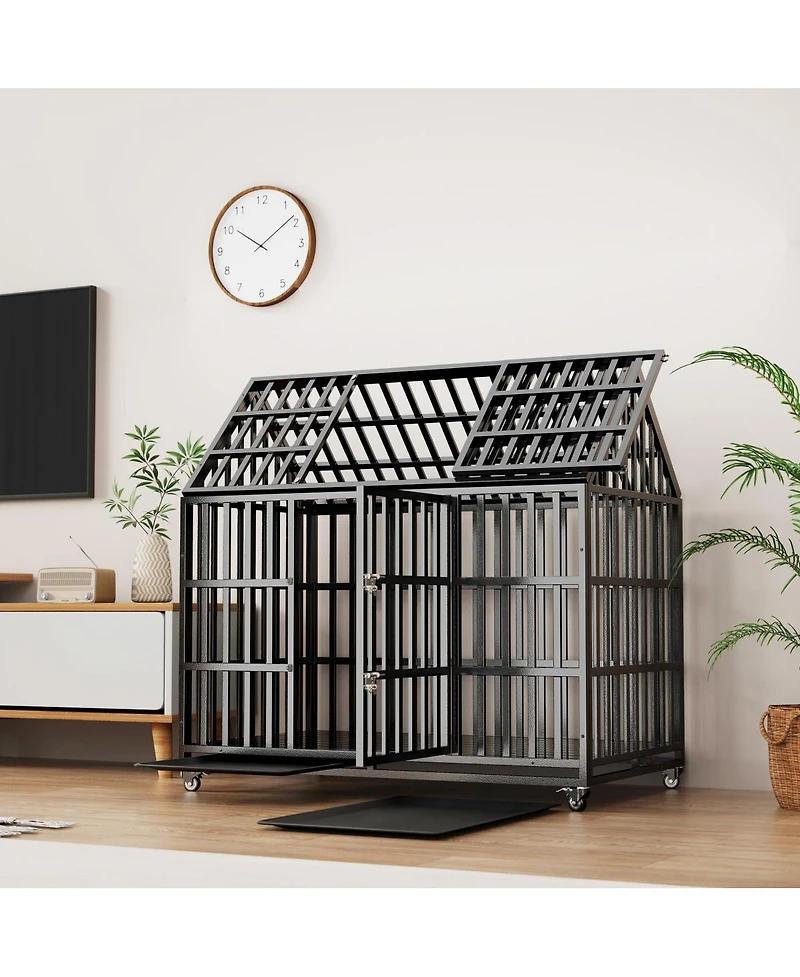 6thdruple Heavy Duty Dog House Crate Large Black Metal Kennel with Roof Door Lockable Wheels