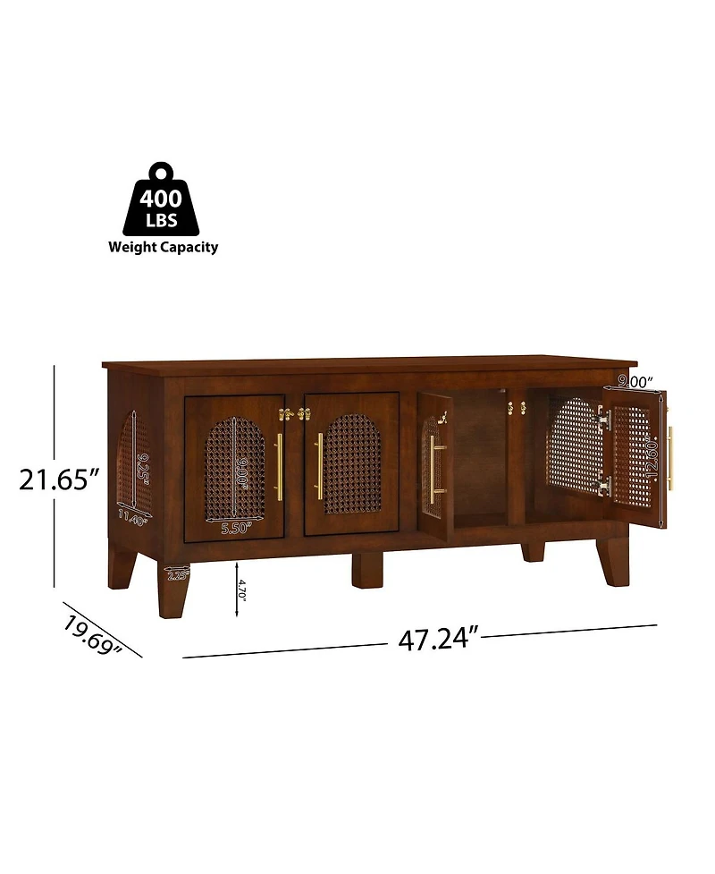 6thdruple Rattan Decor Dog Crate Walnut Rubber Wood Cabinet Furniture with Doors for Living Room