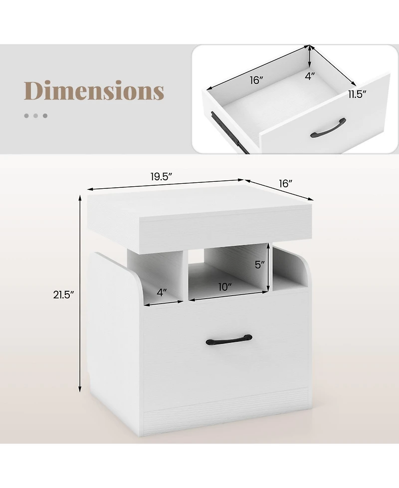 Gymax Nightstand with Charging Station Drawer and Sliding Top Storage Tray Open Shelves