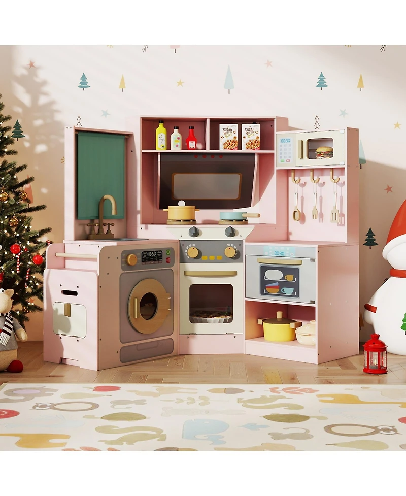 Gymax Corner Kitchen with Lights and Sounds Interactive Wooden Playset for Ages three plus