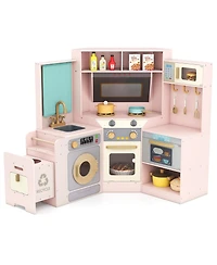 Gymax Corner Kitchen with Lights and Sounds Interactive Wooden Playset for Ages three plus