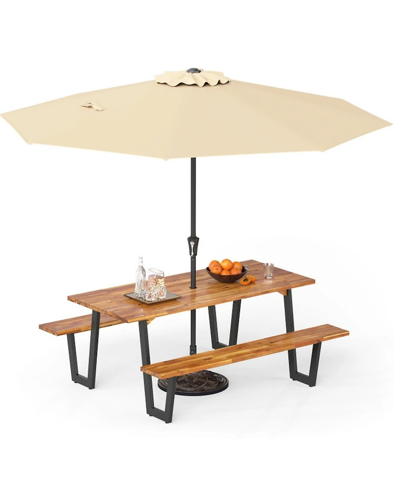 Gouun Outdoor Acacia Wood Picnic Table Set with Tilting Umbrella and Resin Base