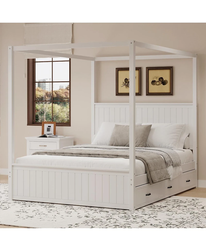 Streamdale Furniture Queen Canopy Platform Bed with Trundle and 3 Storage Drawers
