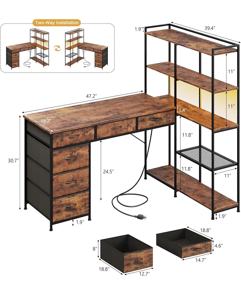 gaomon L-Shaped Gaming Desk with 6 Drawers - Corner Pc Table with Open Shelves, Power Outlets and Led Lights