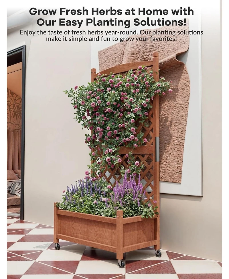 Xo 29.5" Wooden Raised Garden Bed with Trellis and Wheels, Planter Box for Climbing Plants Flowers