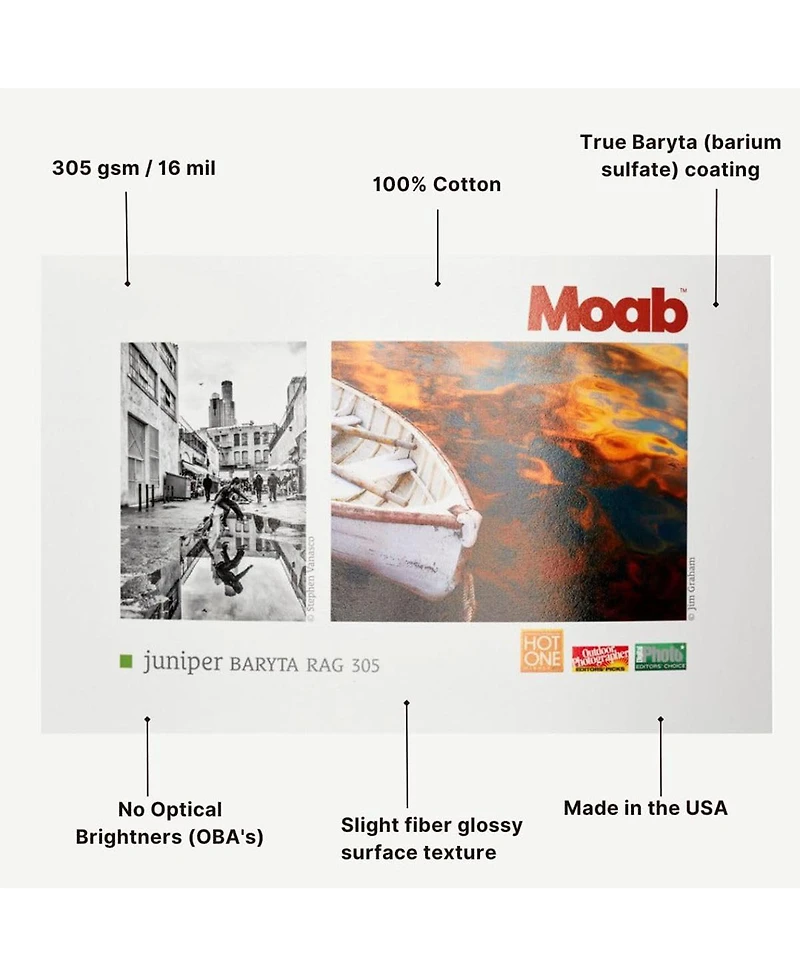 Moab Juniper Baryta Rag Glossy Fine Art Inkjet Print Paper, 8.5x11 Inch, 305gsm, 25 Sheets