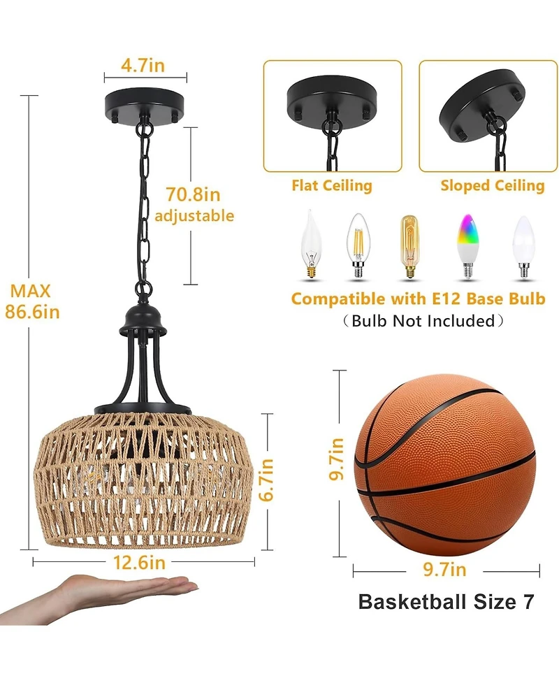 Midola Farmhouse Chandelier for Dining Room, 3-Light Boho Rattan Chandelier Light Fixture Ceiling Hanging with Woven Lampshade