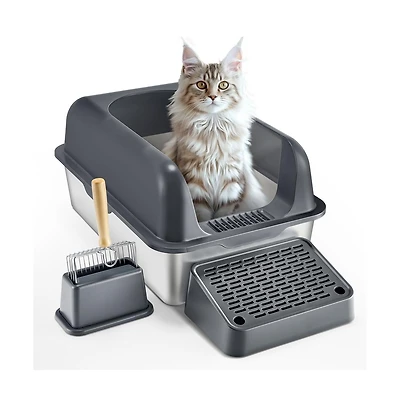Ruie Xl Stainless Steel Cat Litter Box 6 in Deep with Filter Foot Board and Scoop