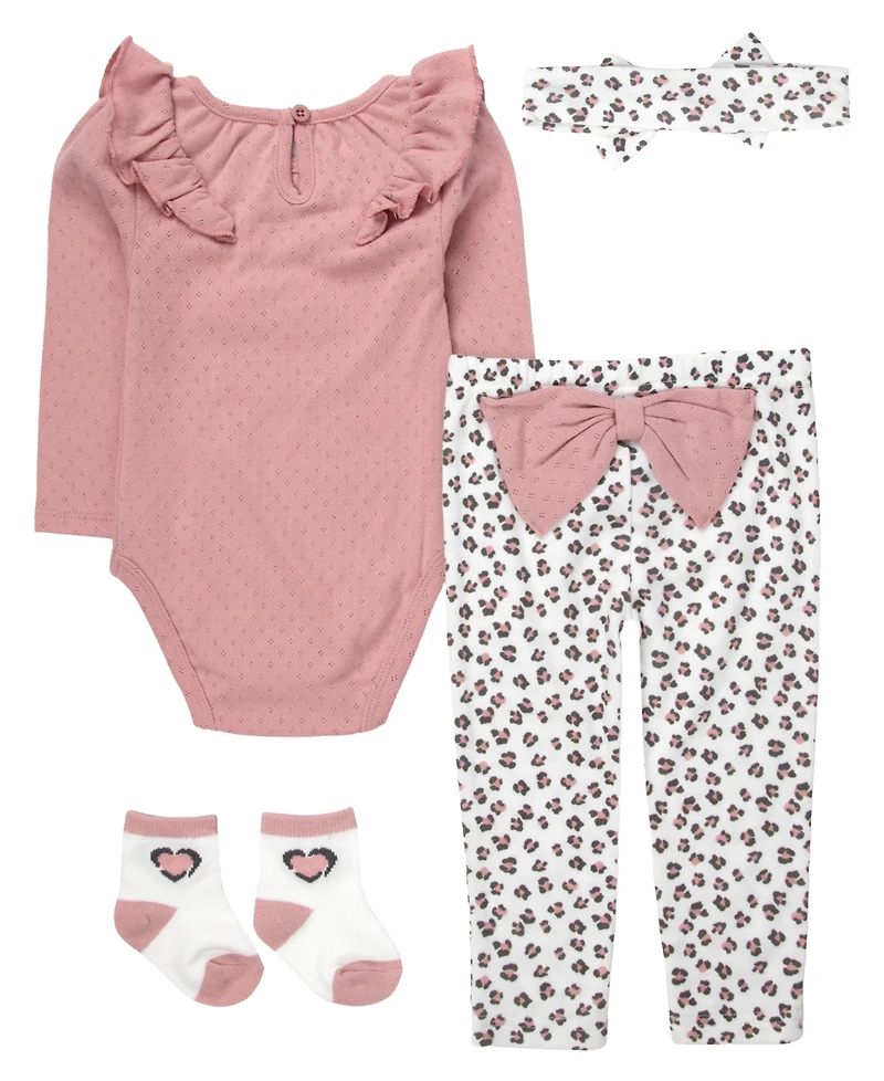 Baby Essentials Baby Girls' Long-Sleeve Bodysuit, Leggings, Socks and Headband, 4-Piece Set