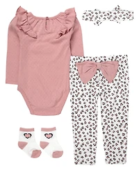 Baby Essentials Baby Girls' Long-Sleeve Bodysuit, Leggings, Socks and Headband, 4-Piece Set