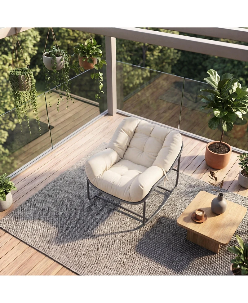 homfanWicker Rocking Chair with Cushion, Indoor Outdoor Papasan Egg Lounge for Patio, Porch, Living Room, Bedroom