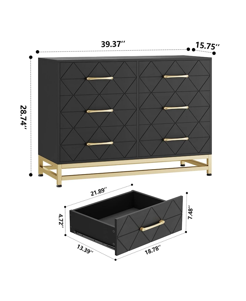 homfan 6-Drawer Dresser with Fabric Bins, Rattan Accent Storage Tower Tv Stand for 40" Tv, Bedroom, Closet, Hallway Organizer