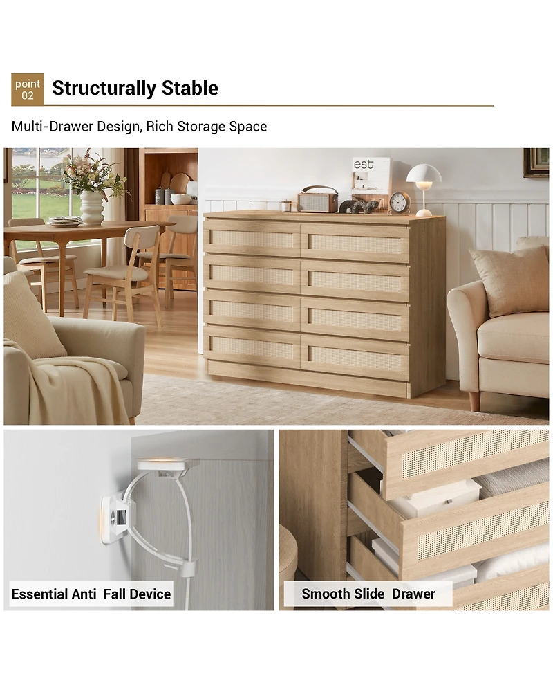 homfan Narrow 8-Drawer Double Dresser Chest, Wood Storage Cabinet for Bedroom, Living Room, Apartment, Corridor