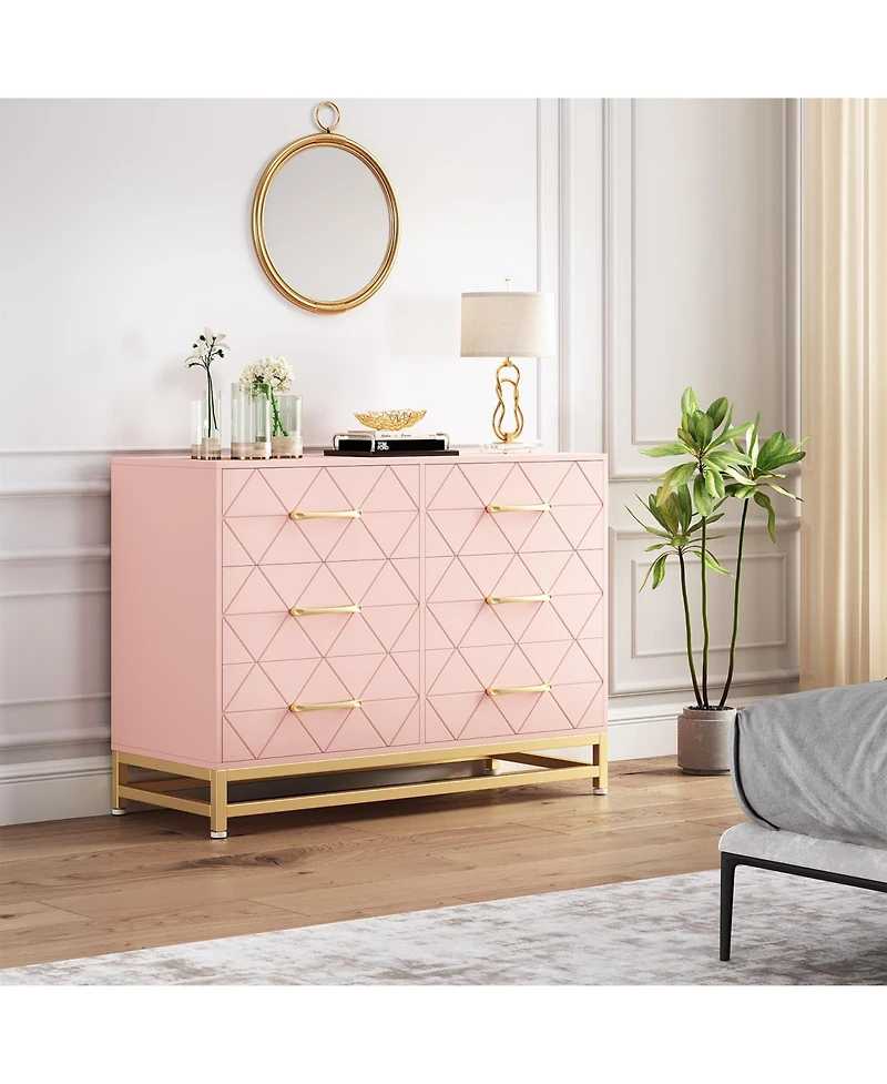 homfan 6-Drawer Dresser with Fabric Bins, Rattan Accent Storage Tower Tv Stand for 40" Tv, Bedroom, Closet, Hallway Organizer