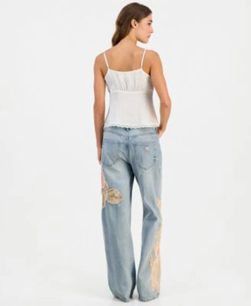 Guess Womens Sleeveless Saisha Babydoll Top Rey Floral Applique Wide Leg Jeans