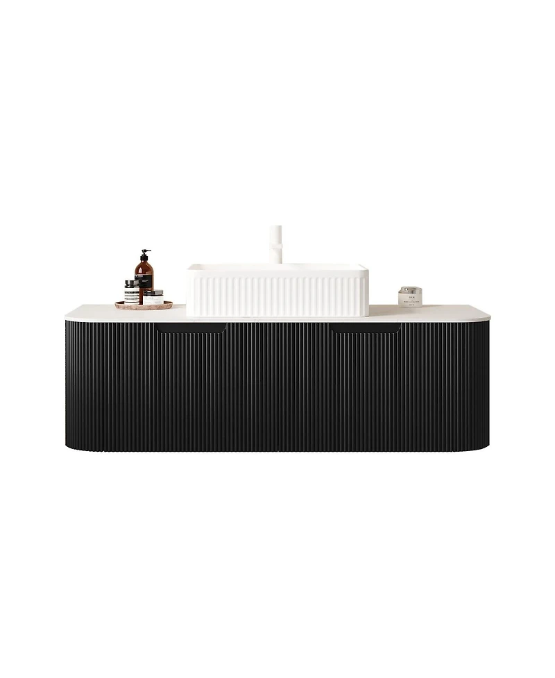 Sillysis Wall Mounted Bathroom Vanity with Ceramic Sink, Matte Stripe Plywood Cabinet, Soft Close Drawer, Pre-assembled