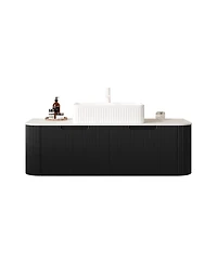 Sillysis Wall Mounted Bathroom Vanity with Ceramic Sink, Matte Stripe Plywood Cabinet, Soft Close Drawer, Pre-assembled