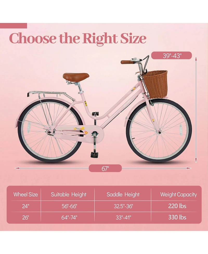 Gymax Beach Cruiser Bike w/Adjustable Seat Woven Basket and Rear Rack