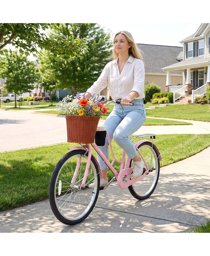 Gymax Beach Cruiser Bike Commuter Bike w/Adjustable Seat Woven Basket for City