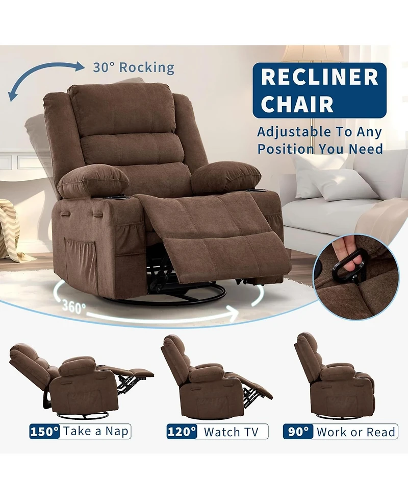 gaomon Wide 360degree(s) Swivel Rocker Recliner for Adults, Cup Holder - Upholstered Deep Seat Linen Lazy Boy Chair for Living Room and Nursery