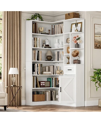 Gaomon 74" Tall 6-Tier L-Shaped Corner Bookshelf with Drawer and Cabinets for Home, Office, White