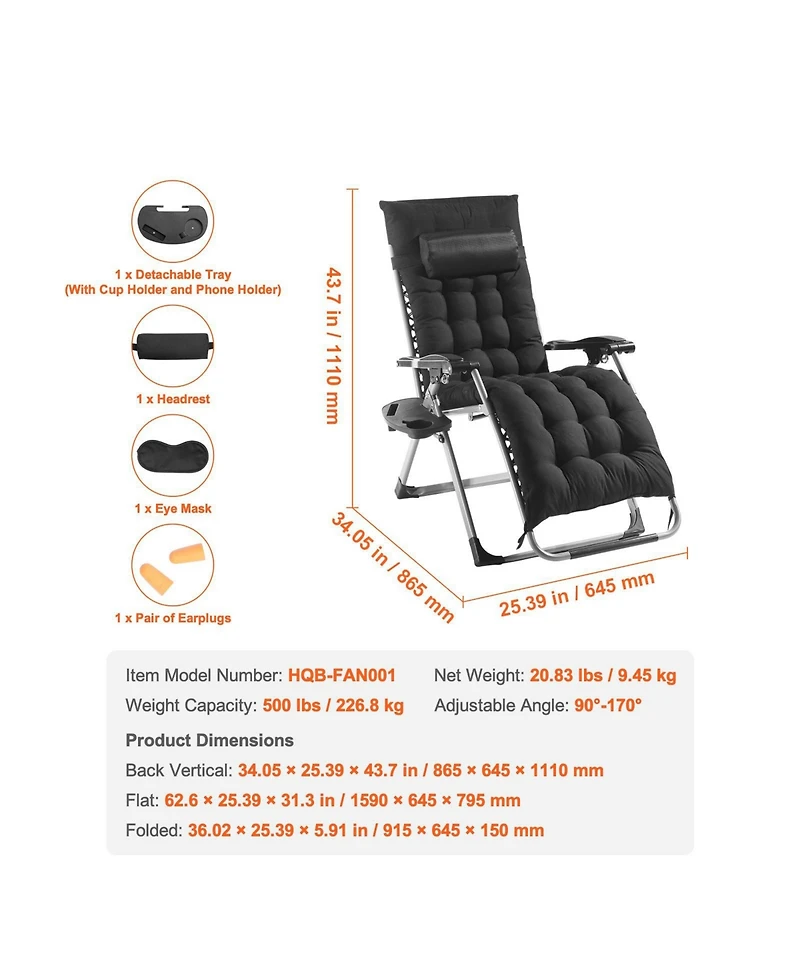 Cozito Zero Gravity Recliner Lounge Chair, Adjustable Folding Chair with Cushion and Cup Holder
