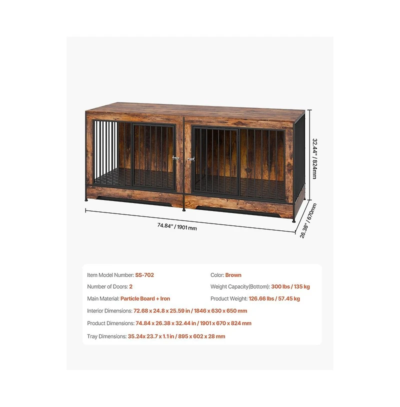 Ruie 75 in Double Dog Crate Furniture Extra Large with Divider 2 Door Cabinet