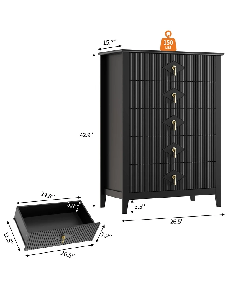 homfan Fluted 5-Drawer Dresser Chest with Metal Handles, 32 inch Wide Storage Tv Stand for Bedroom, Living Room, Hallway