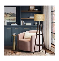 Modern Tripod Floor Lamp with Rattan Shade and Dual Shelves