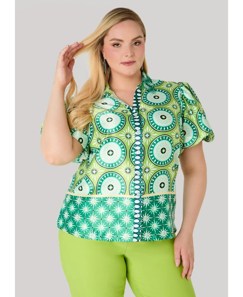Ashley Stewart Women's Puff Sleeved Circle Print Shirt
