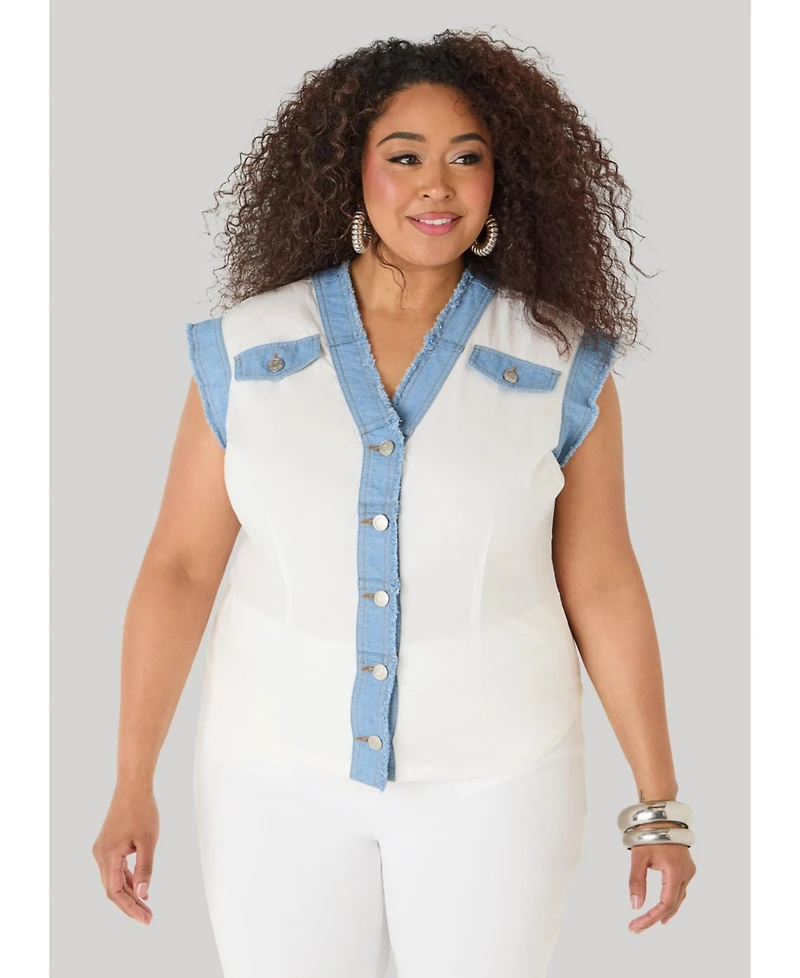 Ashley Stewart Women's Denim Trimmed Cotton Shirt