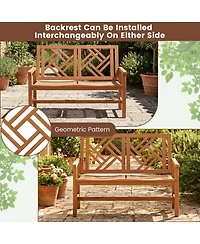 Yiortwo Outdoor Wood Patio Bench, 2-Person Loveseat Chair with Geometric Backrest