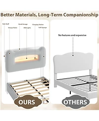 homfan Led Headboard Twin Upholstered Bed Frame with 2-Tier Storage Shelves, Charging Station and Drawer, Metal Support, No Box Spring Needed