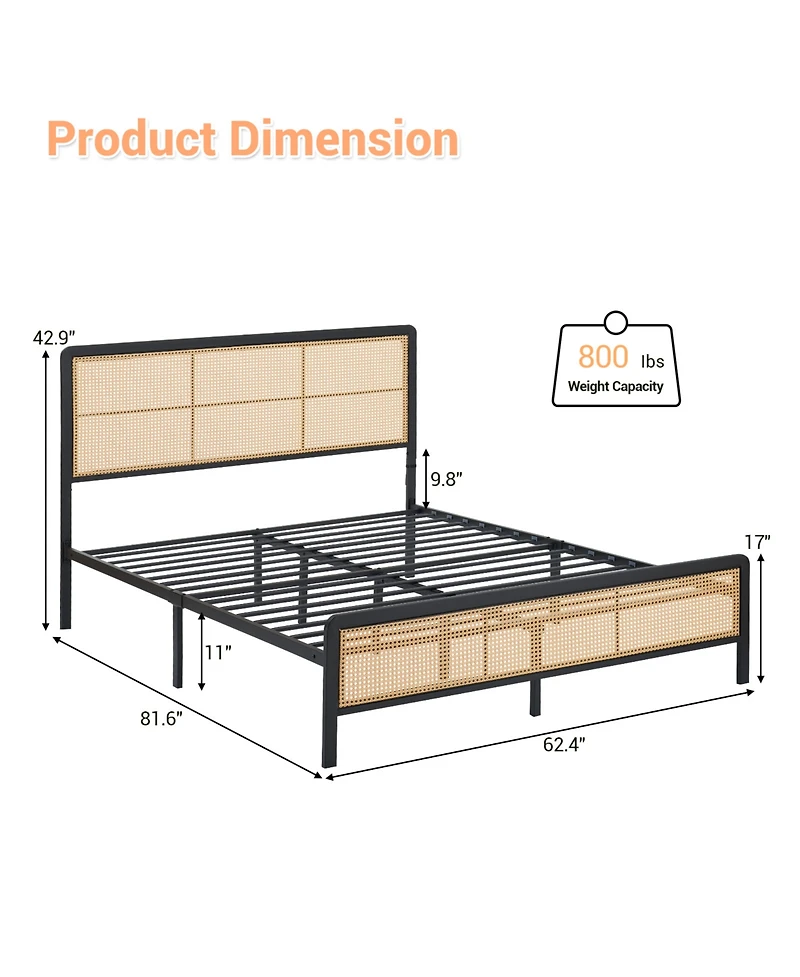 homfan Rattan Platform Bed Frame with Led Headboard, Modern Boho Cane Style, Heavy Duty Metal Frame, Steel Slats, No Box Spring Needed