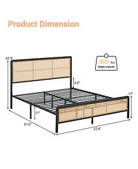 homfan Rattan Platform Bed Frame with Led Headboard, Modern Boho Cane Style, Heavy Duty Metal Frame, Steel Slats, No Box Spring Needed