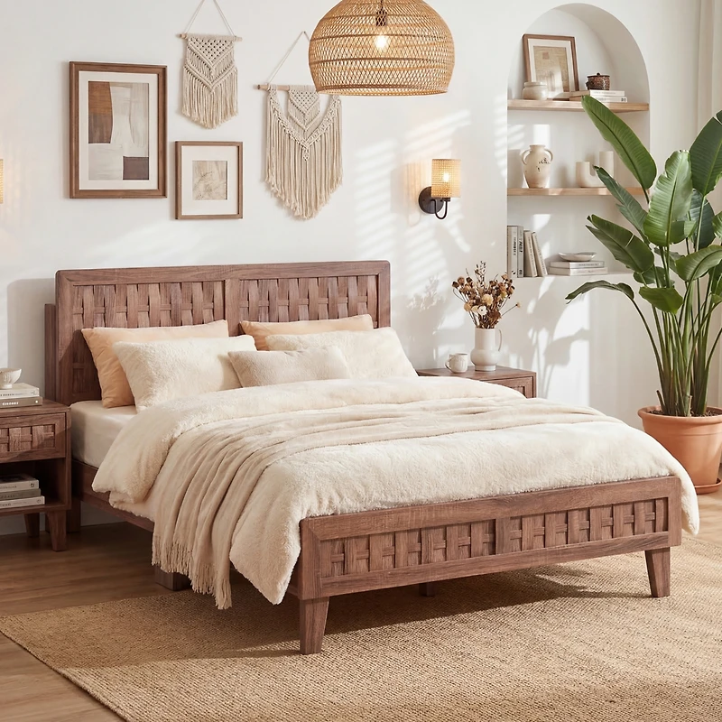 Costway Bed Frame with Woven Accent Headboard and Footboard, Wooden Slat Support
