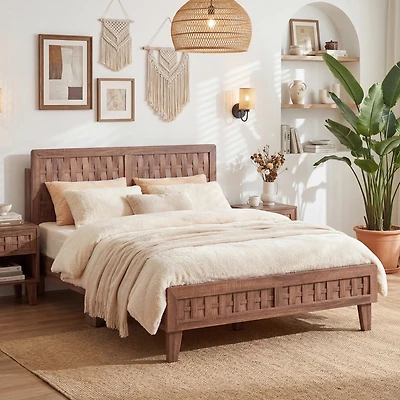 Costway Bed Frame with Woven Accent Headboard and Footboard, Wooden Slat Support