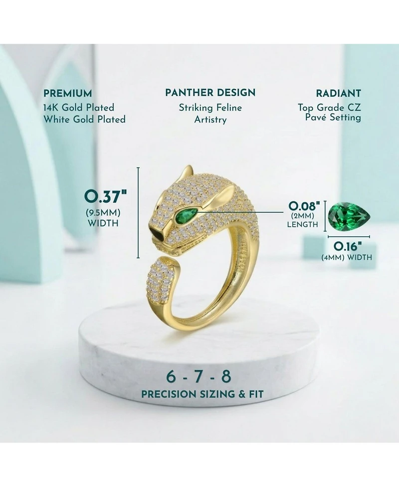 Rachel Glauber Panther Head with Green & Clear Cubic Zirconia Open Band Ring