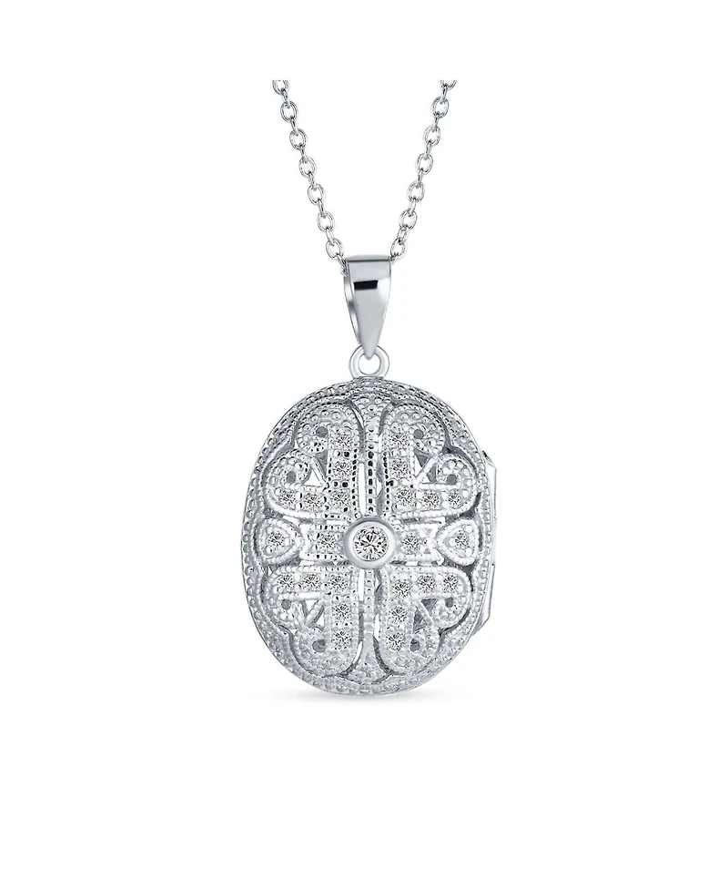 Bling Jewelry Antique Style Heart and Clover Oval Keepsake Photo Locket Necklace Gold Plated Sterling Silver