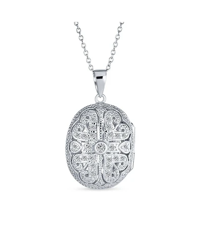Bling Jewelry Antique Style Heart and Clover Oval Keepsake Photo Locket Necklace Gold Plated Sterling Silver