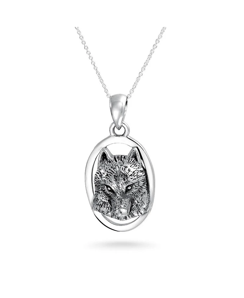 Bling Jewelry Wolf Pendant Necklace Oval Animal Totem Amulet Of Strength Oxidized .925 Sterling Silver