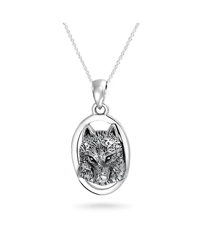 Bling Jewelry Wolf Pendant Necklace Oval Animal Totem Amulet Of Strength Oxidized .925 Sterling Silver