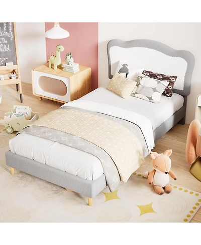 homfan Scalloped Headboard Design Kids Bed Frame, Upholstered Platform, Soft Fabric, Wooden Slats, Sturdy, No Box Seasonal Needed