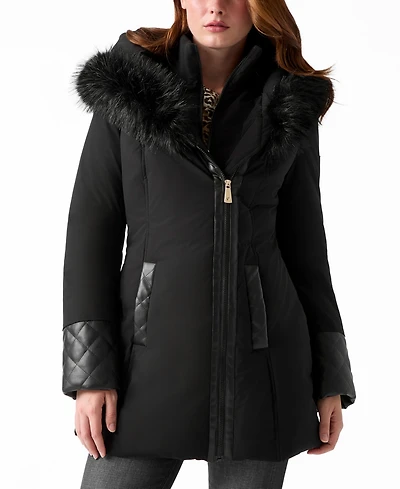 Guess Women's Pleather Sleeve Detailed Faux-Fur Hooded Puffer Coat
