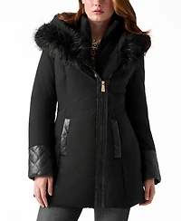 Guess Women's Pleather Sleeve Detailed Faux-Fur Hooded Puffer Coat